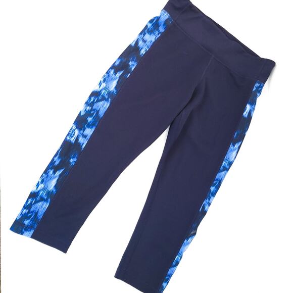 Adidas Climalite Capri Crop Leggings Medium Blue Navy, Watercolor Side Panels - Picture 1 of 6